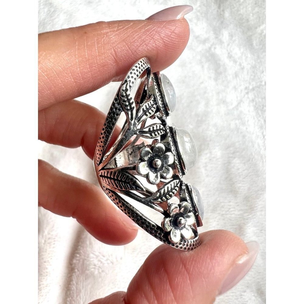 925 Flower Child Rainbow Flash Moonstone Shield Ring 6 - Picture 10 of 13